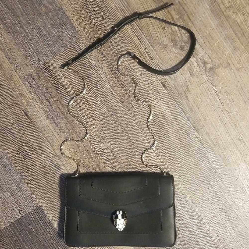 BVLGARI Serpent Black Leather Crossbody Bag with Silver Chain & hologram